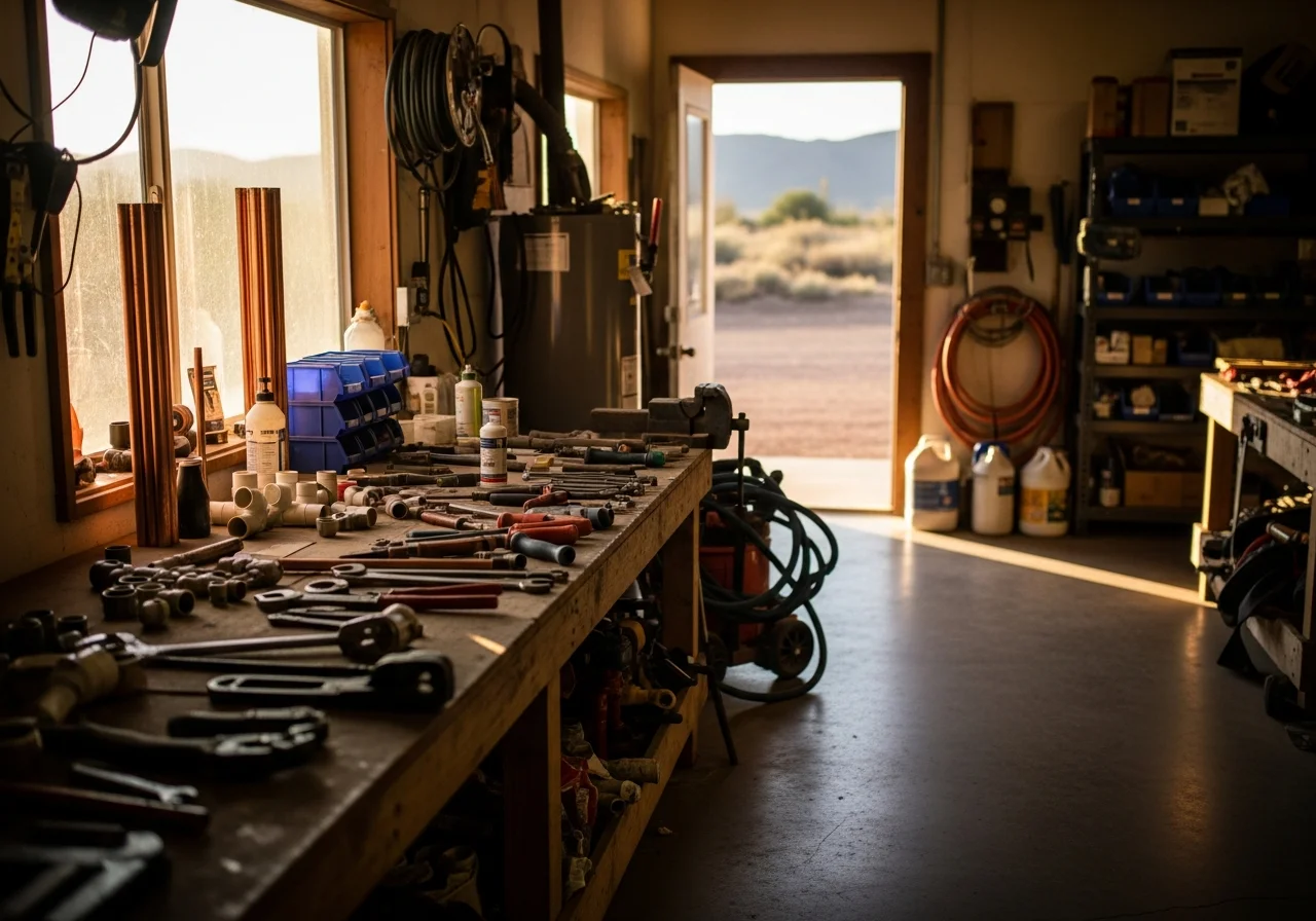 Plumbing tools and equipment arranged on a work surface, representing the trade expertise and readiness of a professional service team.