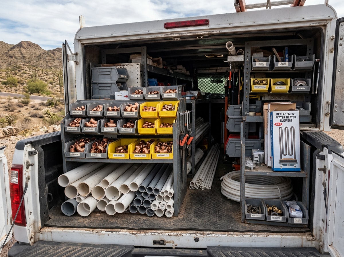 Licensed Chino Valley plumber beside a fully stocked emergency service truck ready for 24 hour dispatch