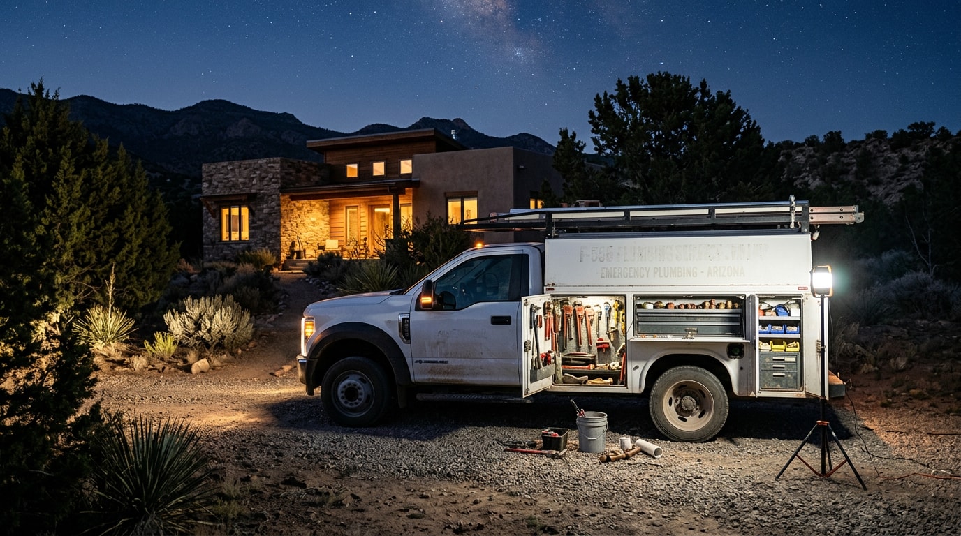 Emergency plumbing service truck parked outside a Chino Valley, AZ home at night