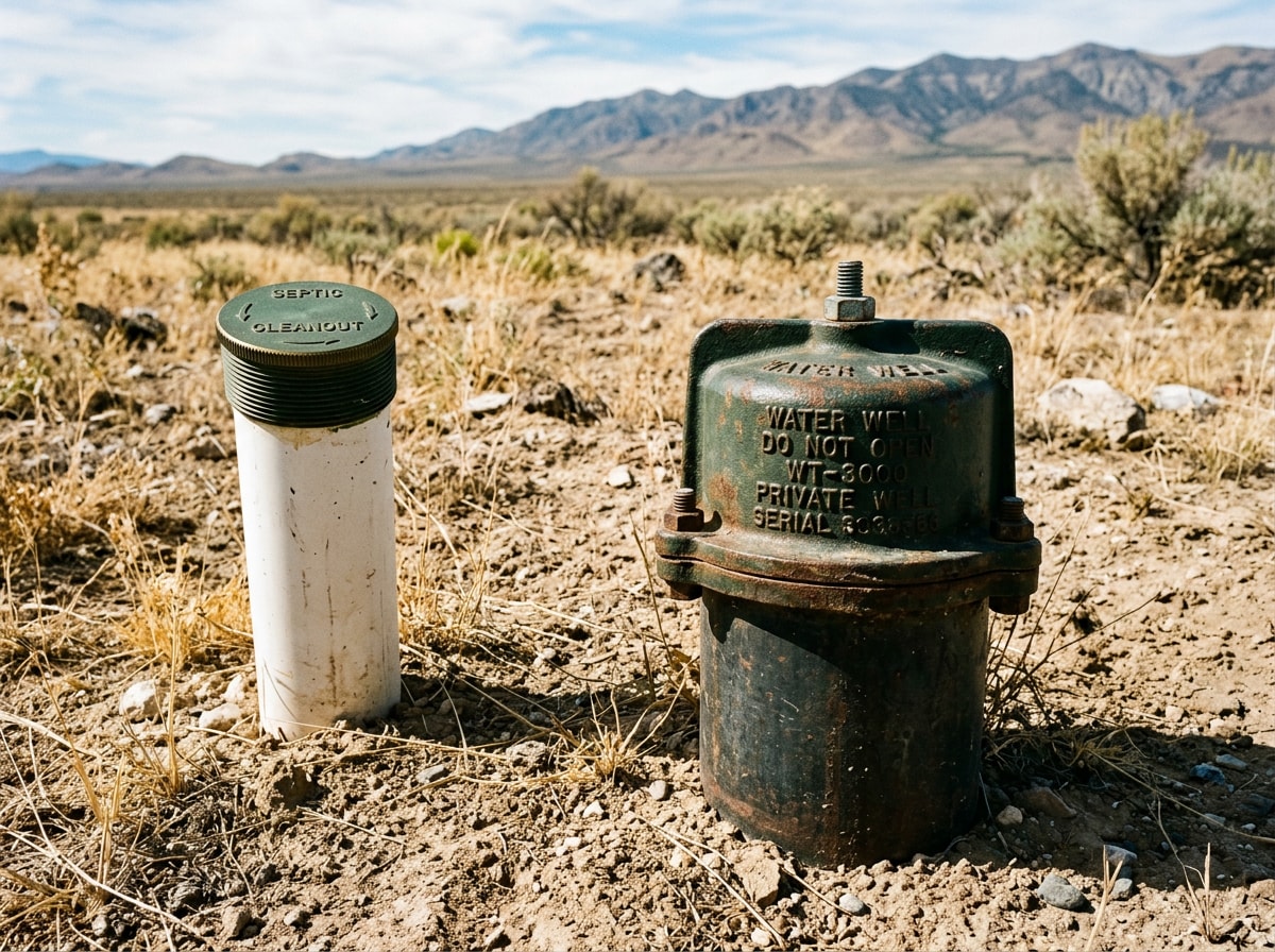Rural Paulden AZ property showing a private well cap and septic cleanout in open high desert terrain