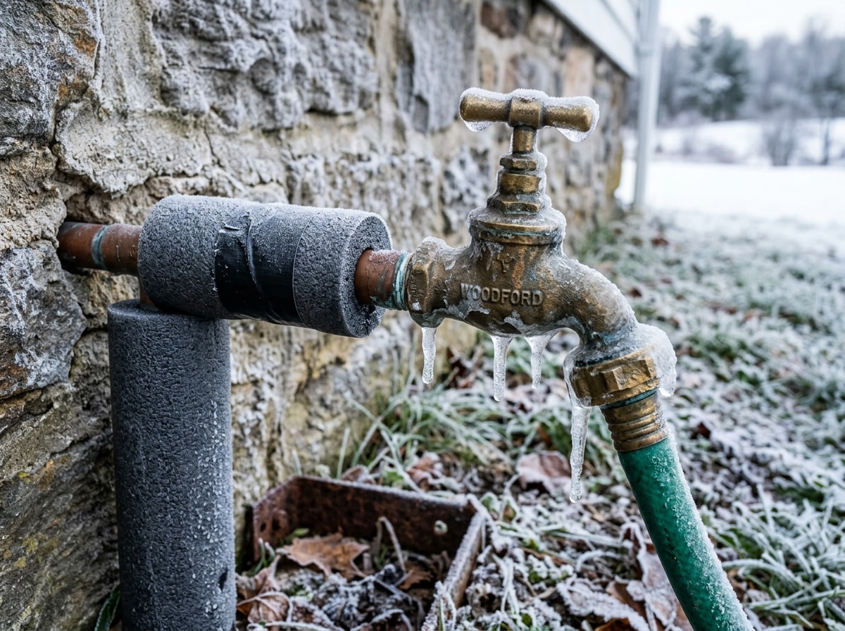 Close-up of a frozen outdoor hose bib and exposed supply line wrapped in pipe insulation on a rural property