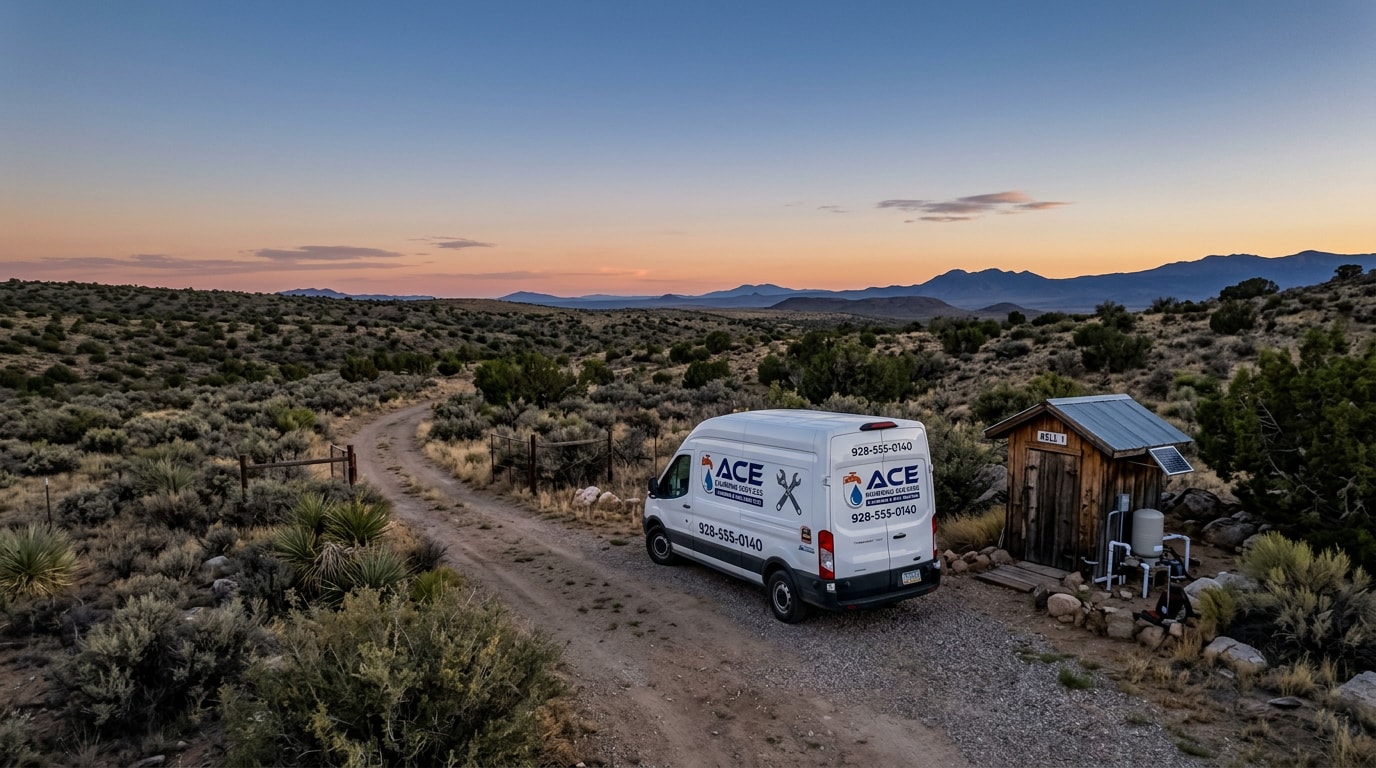 Plumbing service van parked at a rural Paulden, AZ property with a well pump house in the high desert