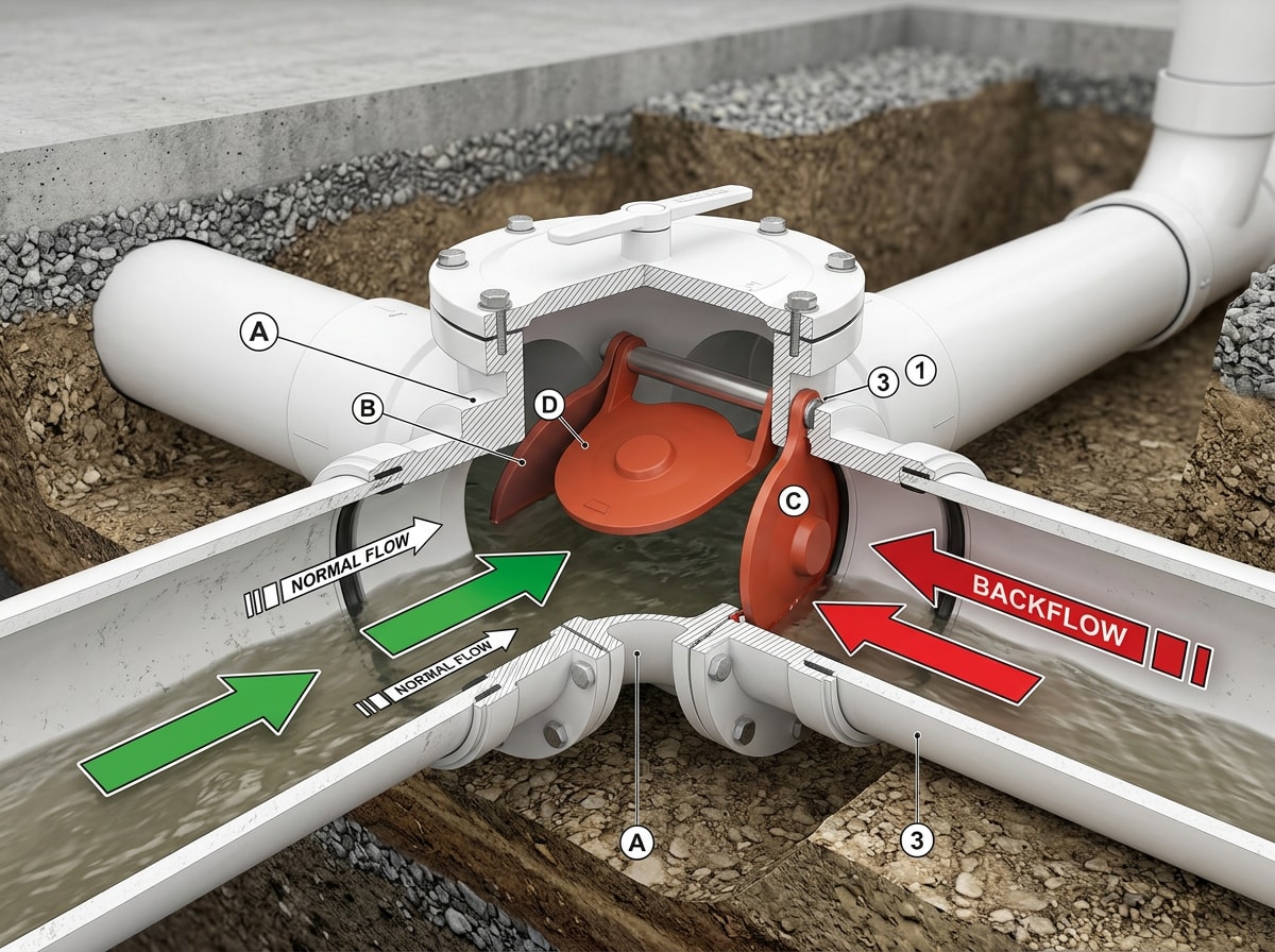Diagram showing backwater valve orientation and flow direction inside a sewer line