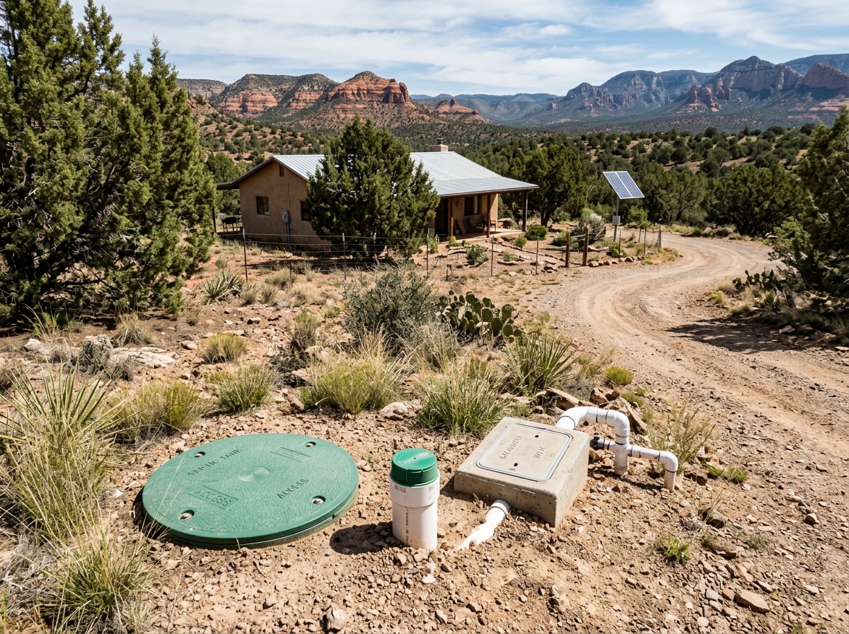 Rural Paulden, AZ property showing septic and sewer line access point near a backwater valve installation site