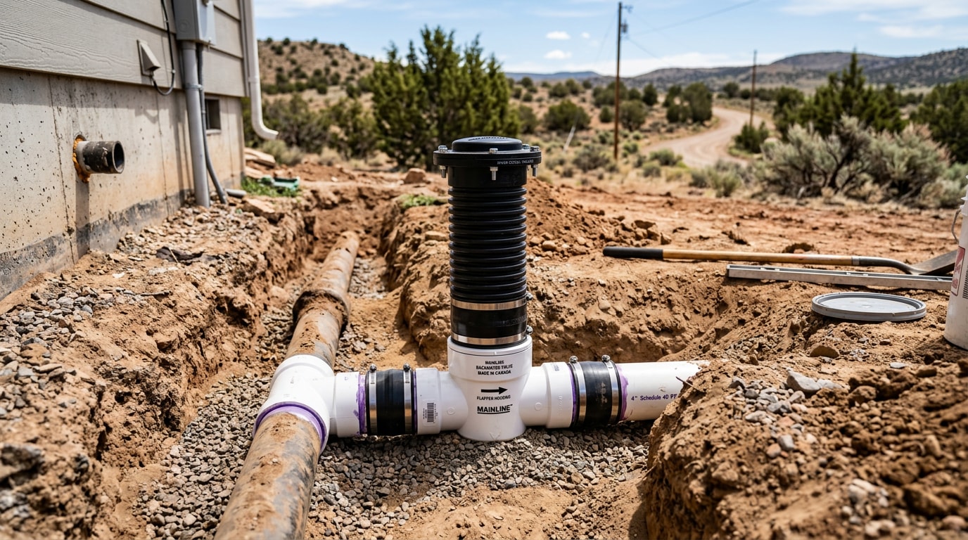 Freshly installed back water valve with access sleeve on a residential sewer line in Paulden, AZ