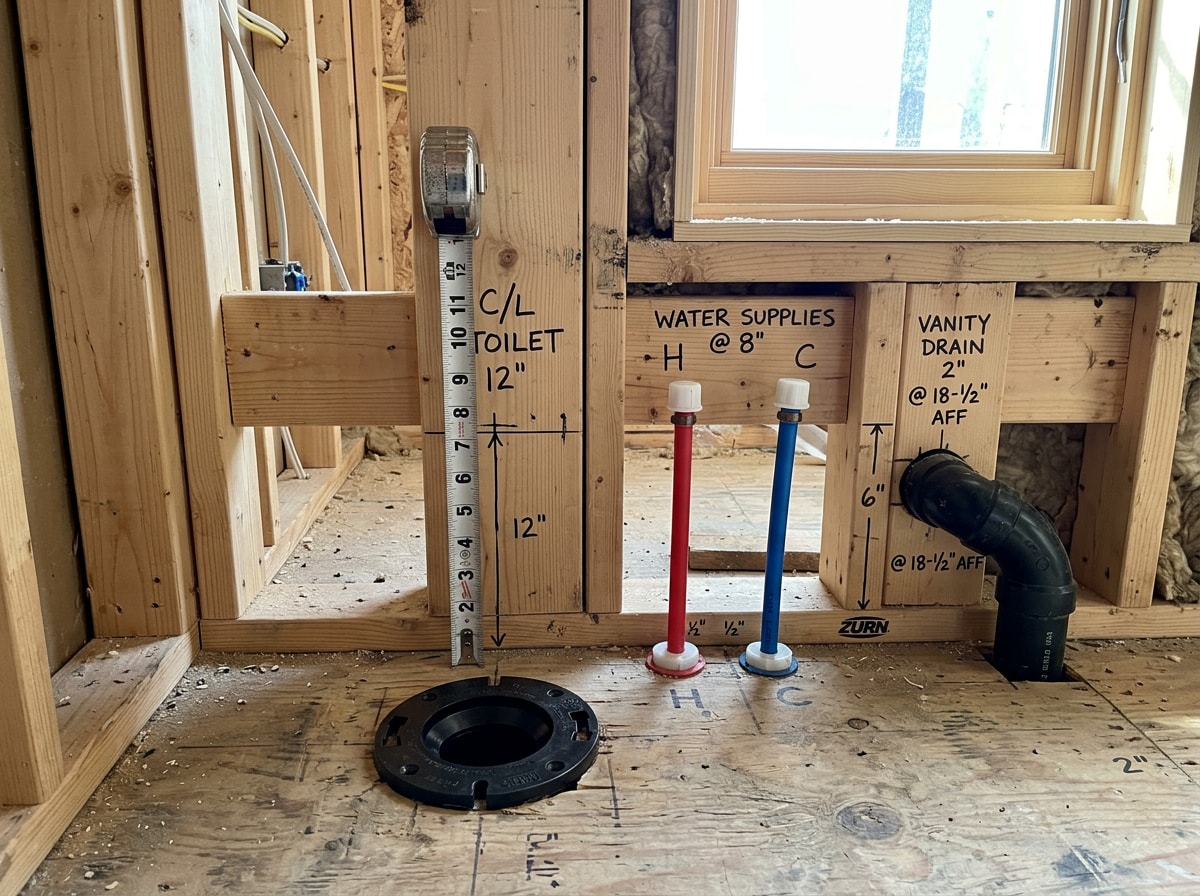 Bathroom rough-in dimensions diagram showing toilet, sink, and tub measurements