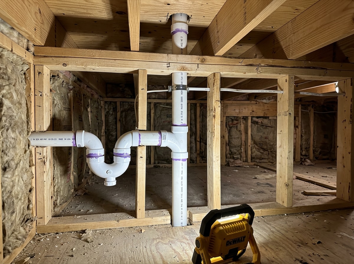 Labeled bathroom DWV diagram showing drain, waste, and vent pipe connections