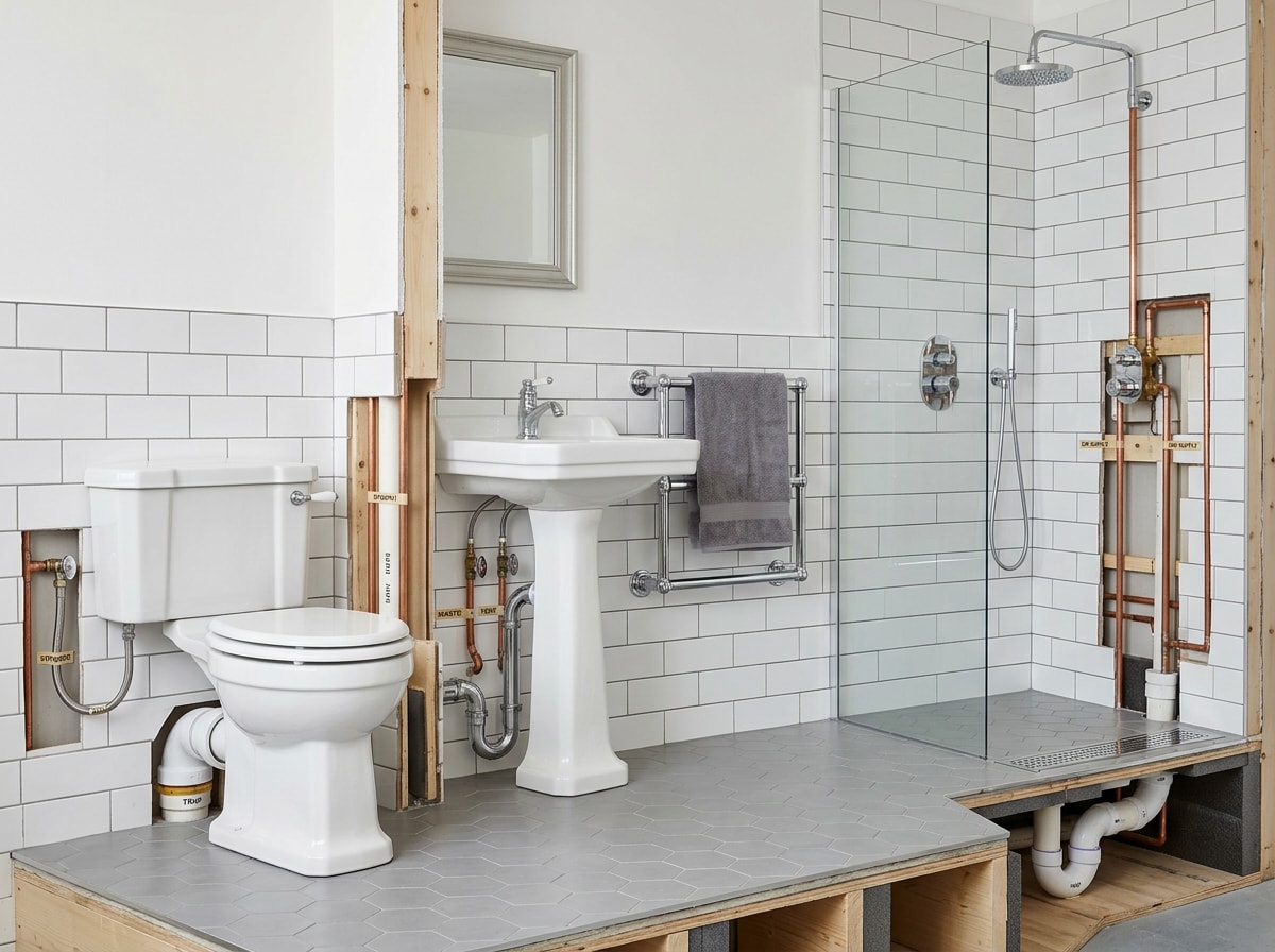 Fixture-by-fixture bathroom plumbing connection diagram showing toilet, sink, shower, and tub drains
