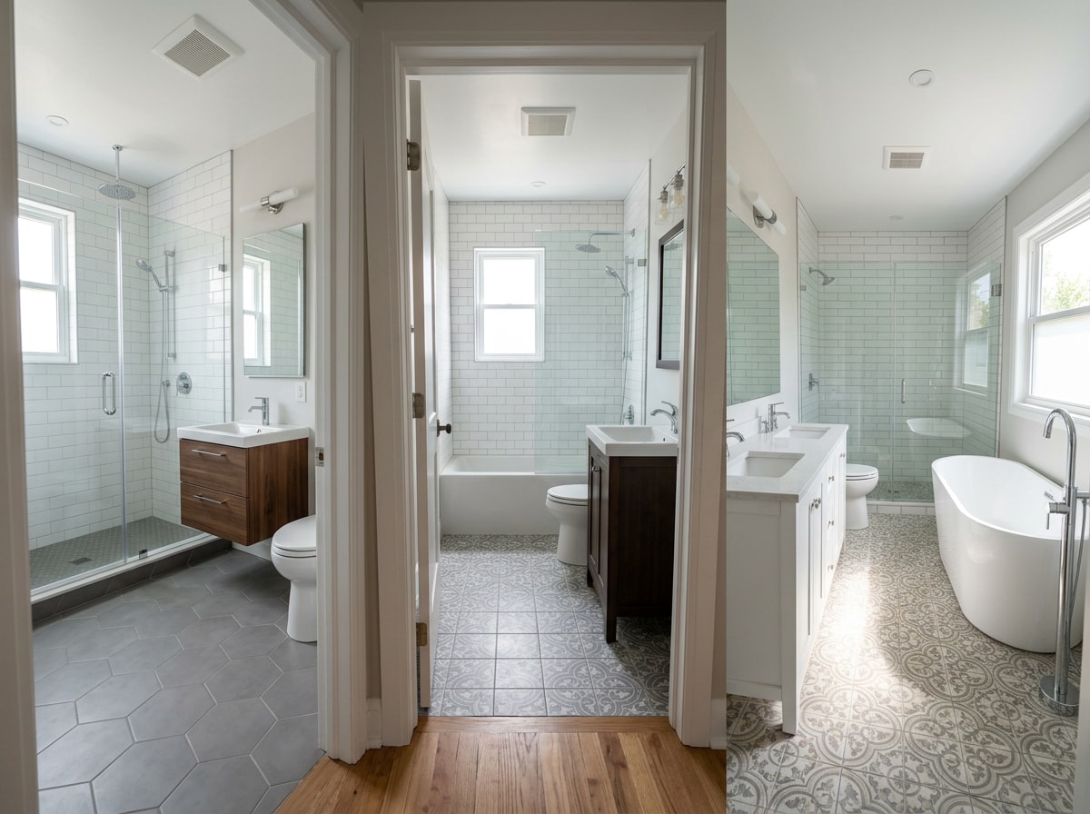 Diagram comparing full bath, three-quarter bath, and ensuite bathroom layout options