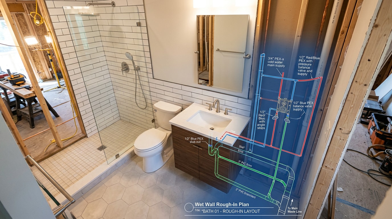 Bathroom plumbing rough-in with supply and drain lines exposed before drywall installation