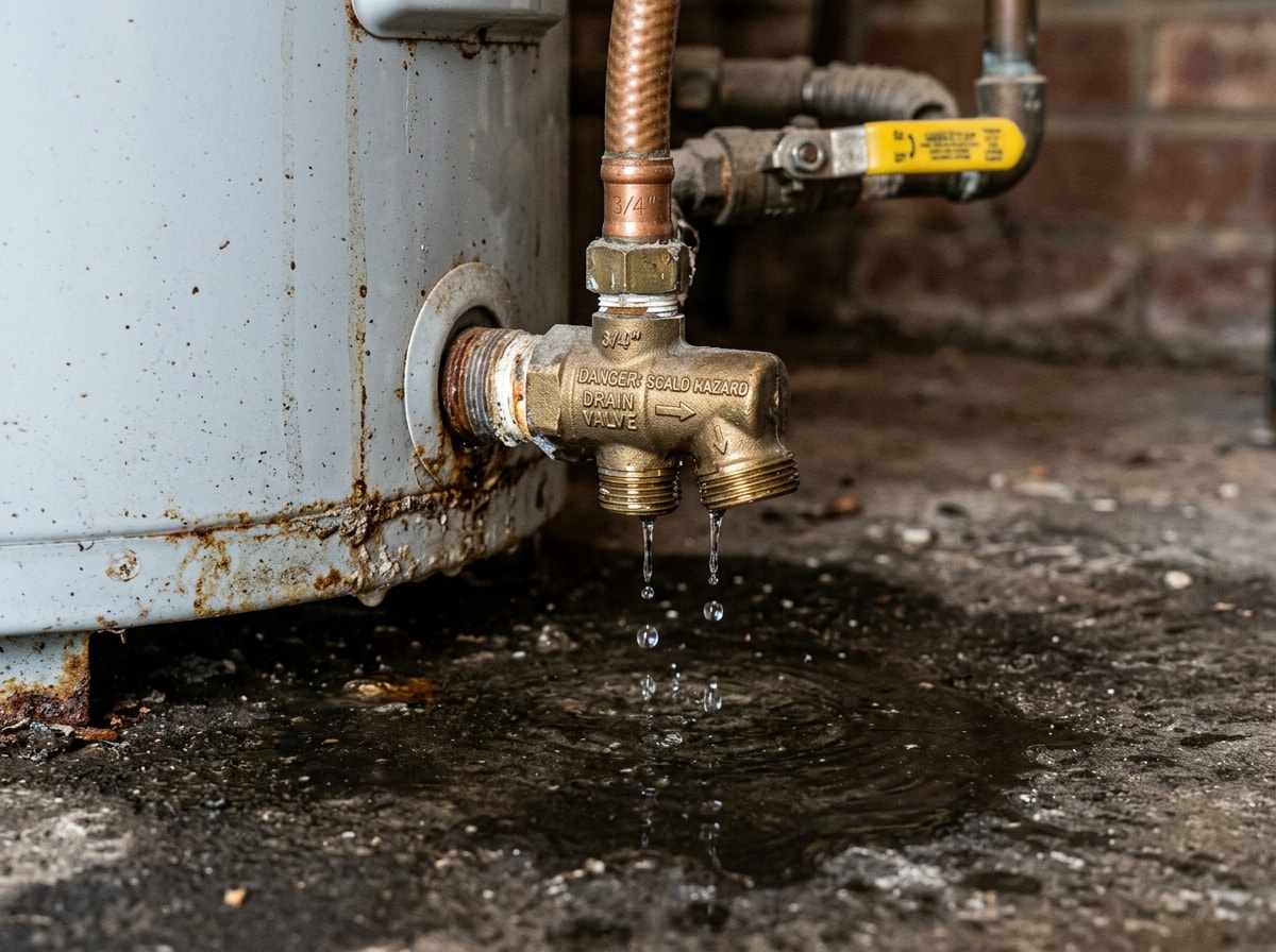 Leaking water heater base with a puddle forming near the labeled drain valve and T&P valve