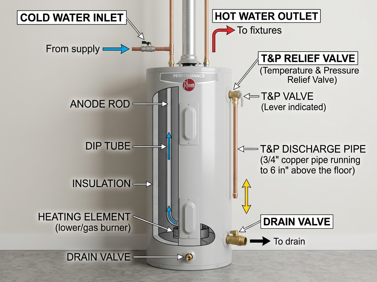 Labeled diagram of a tank water heater showing the drain valve, T&P valve, and cold water inlet locations