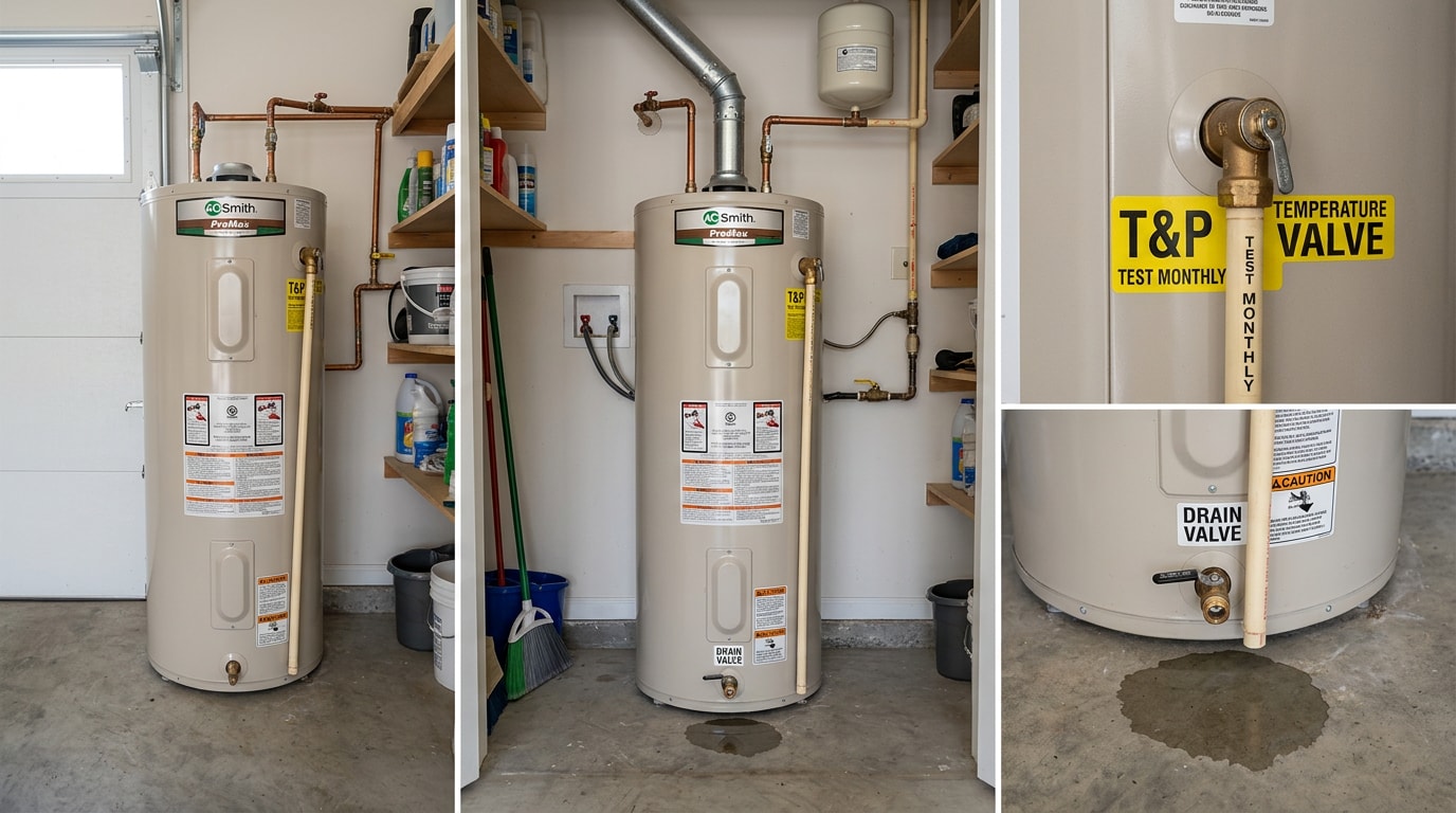 Residential tank water heater with a small leak puddle near the base in a Prescott Valley, AZ home