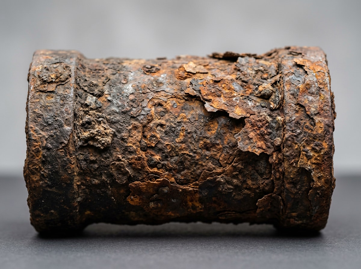 Close-up of a corroded cast iron pipe showing rust, flaking, and surface pitting