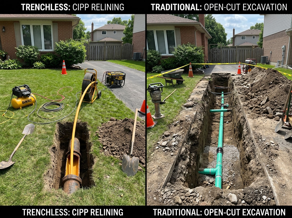 Side-by-side comparison graphic of trenchless pipe lining versus traditional excavation pipe replacement