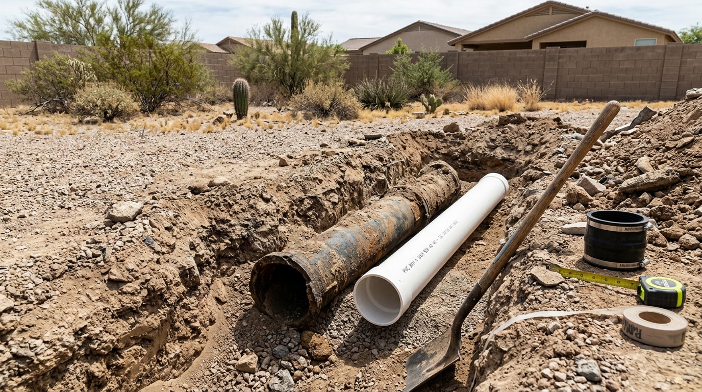 Exposed cast iron sewer pipe next to new PVC pipe during a residential sewer line replacement in Dewey-Humboldt, AZ Exposed cast iron sewer pipe next to new PVC pipe during a residential sewer line replacement in Dewey-Humboldt, AZ