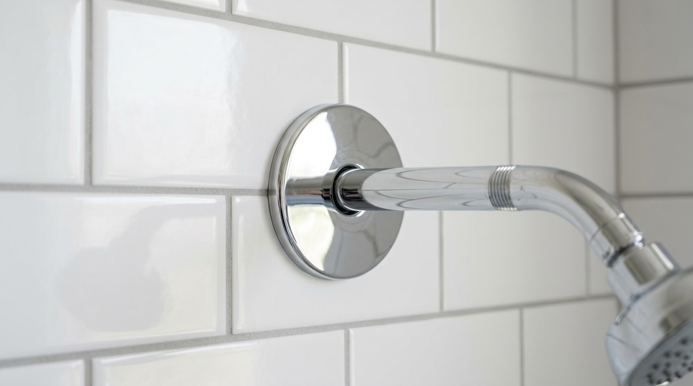 Chrome escutcheon plate finished around a shower arm pipe penetration in a Prescott, AZ bathroom