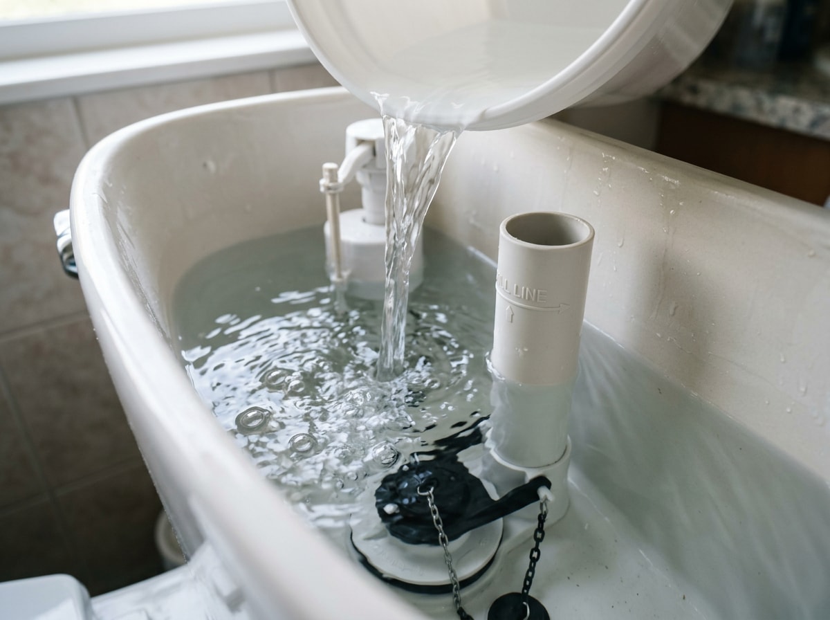 Toilet tank overflow tube fill line showing where to pour water for a manual flush