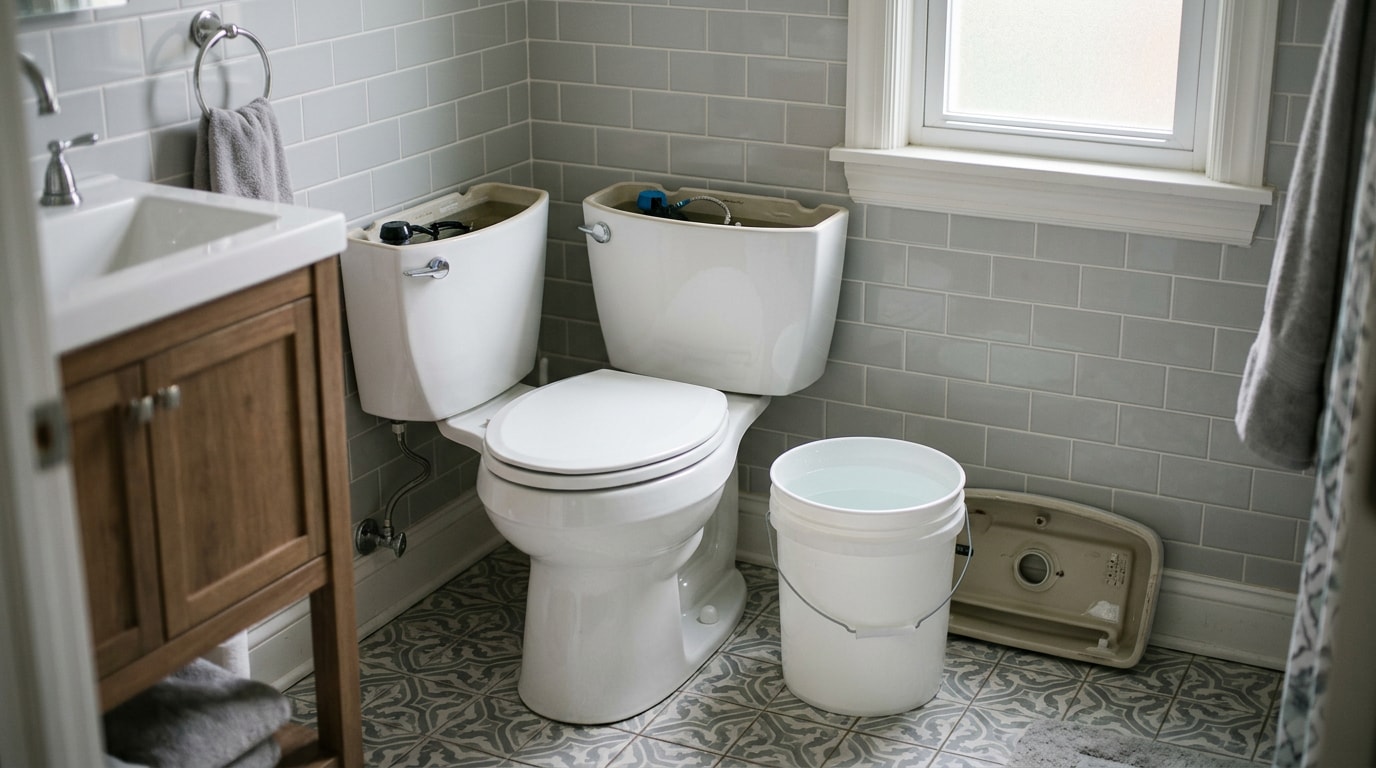 Toilet with tank lid removed and a bucket of water ready for a manual flush Toilet with tank lid removed and a bucket of water ready for a manual flush