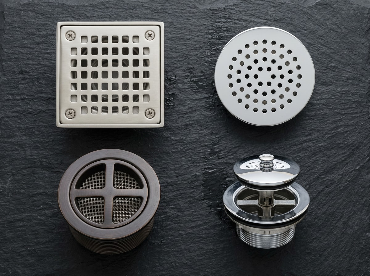 Comparison of four common shower drain types including screw-in, snap-in, threaded strainer, and lift-and-turn styles