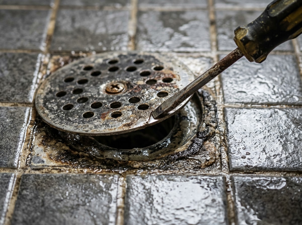 Step-by-step photo showing how to remove a shower drain cover using a flathead screwdriver