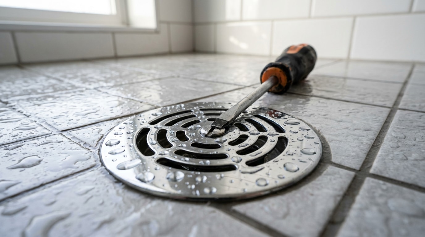 Chrome shower drain cover partially removed inside a tiled shower stall Chrome shower drain cover partially removed inside a tiled shower stall