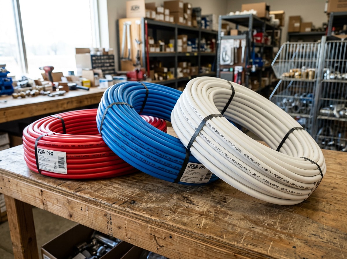Color-coded red, blue, and white PEX plumbing pipe compared side by side