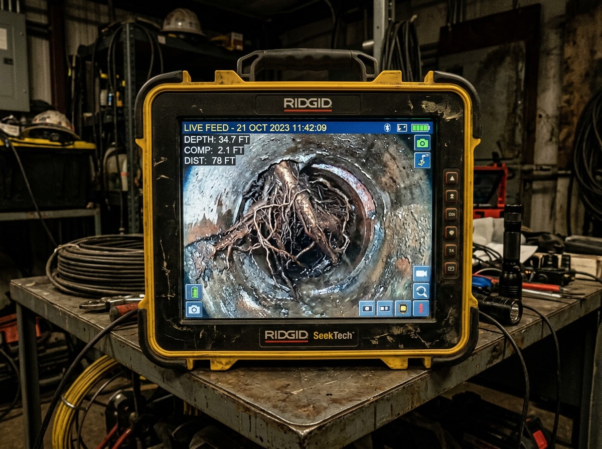 Camera monitor displaying a live sewer line inspection feed with tree root intrusion visible