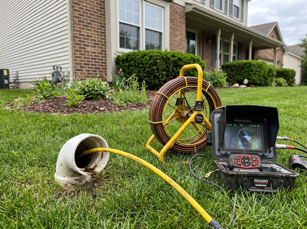 Technician at a yard cleanout feeding a sewer camera cable into an access pipe