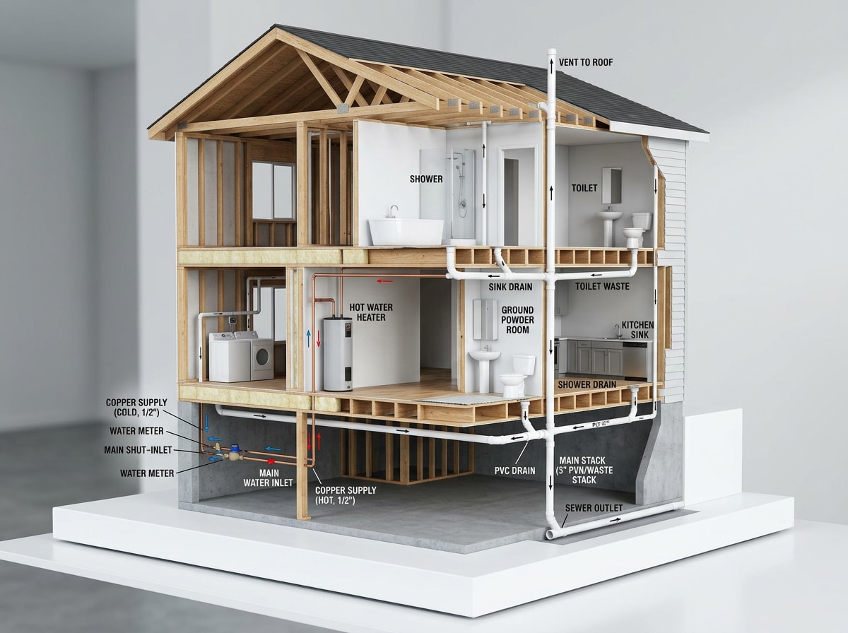 Overview diagram of a whole-house plumbing layout showing supply and drain lines
