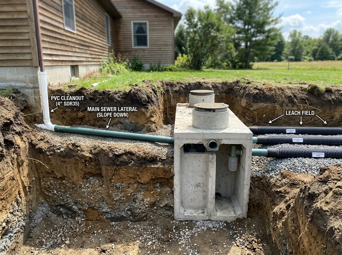 Labeled sewer and septic diagram showing branch drains, cleanout, tank, and leach field