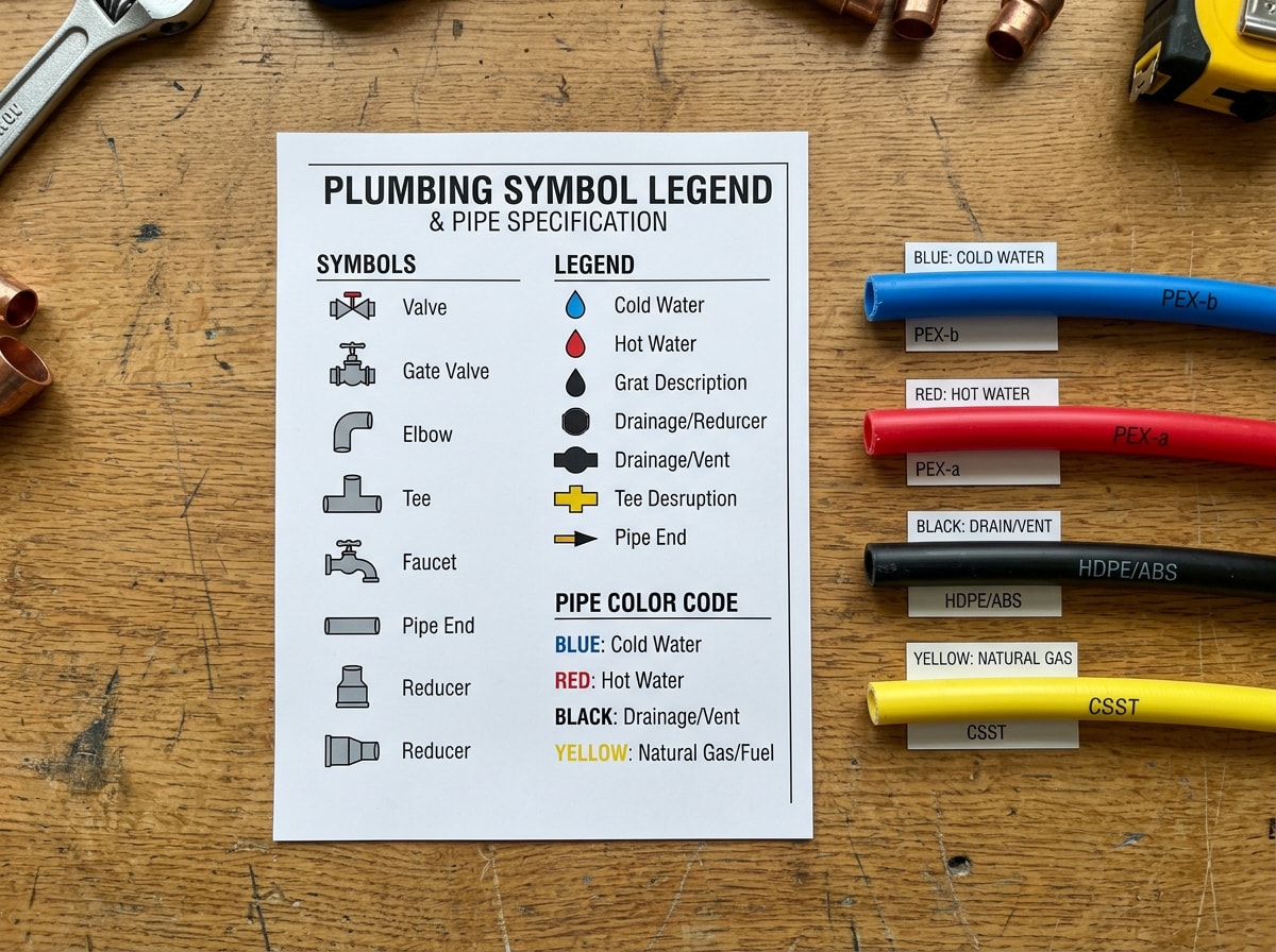 Plumbing diagram symbol legend showing color-coded fixture and valve icons