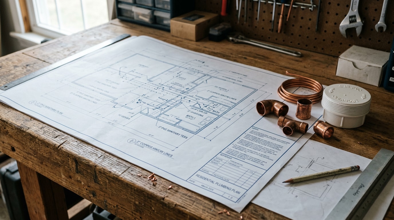 Plumbing diagram blueprint on a workbench with pipe fittings Plumbing diagram blueprint on a workbench with pipe fittings