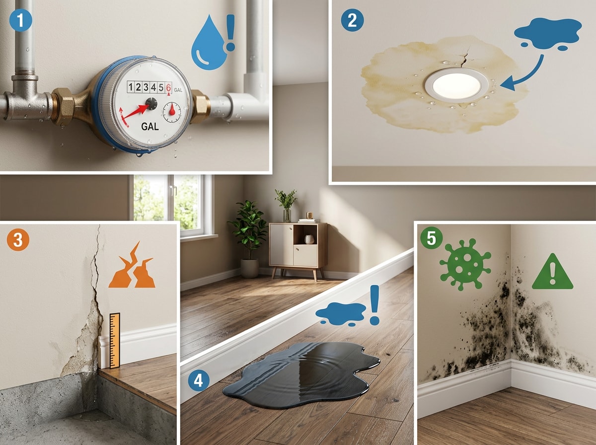 Infographic showing five warning signs of a plumbing leak in a Prescott Valley, AZ home