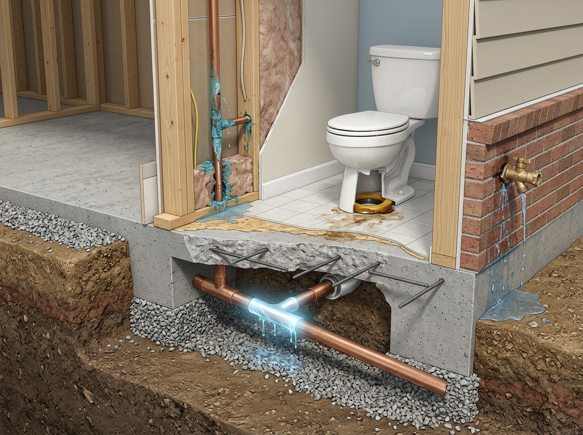 Home cutaway diagram marking common plumbing leak locations including slab, walls, toilet, and hose bib