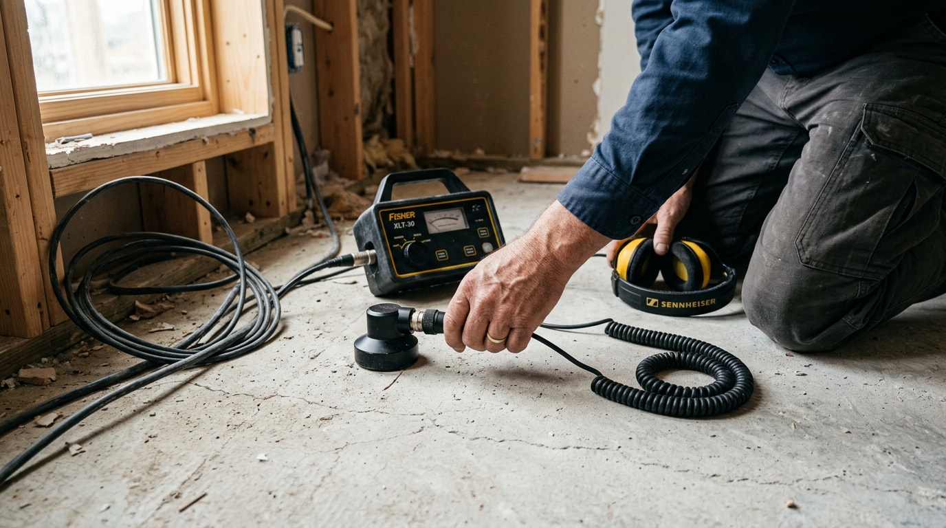 Plumber using acoustic leak detection equipment on a home's slab floor in Prescott Valley, AZ