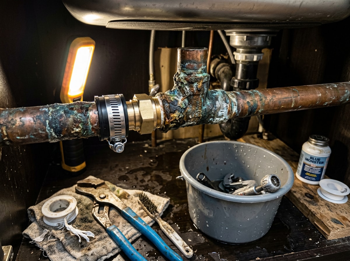 Close-up of a plumber repairing a corroded copper pipe fitting under a sink