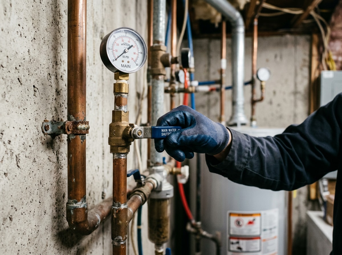 Technician shutting off a main water valve during an emergency pipe repair call