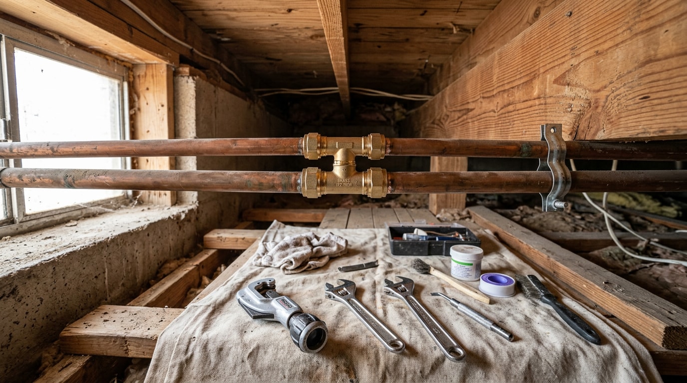 Repaired copper water pipe fitting under a Skull Valley, AZ home
