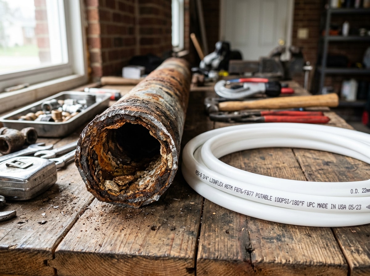 Corroded galvanized pipe section next to new PEX piping during a Dewey-Humboldt repiping project