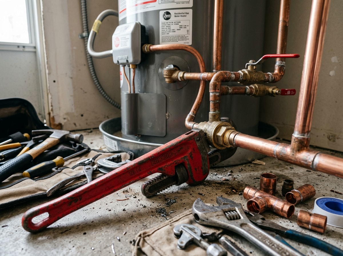 Plumber inspecting pipe connections near a water heater in a Paulden, AZ home