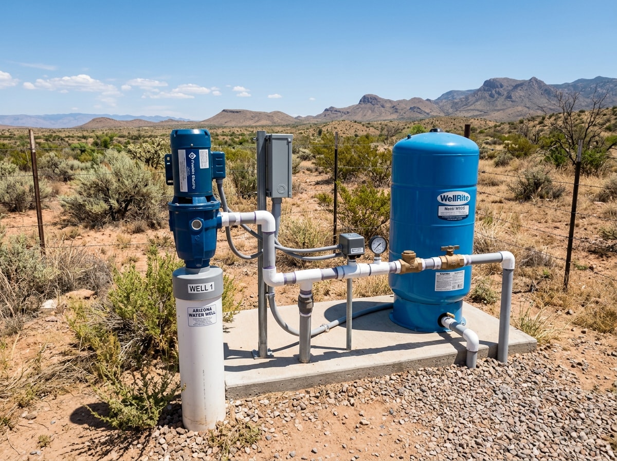 Well pump and outdoor plumbing fixtures during a Paulden, AZ summer
