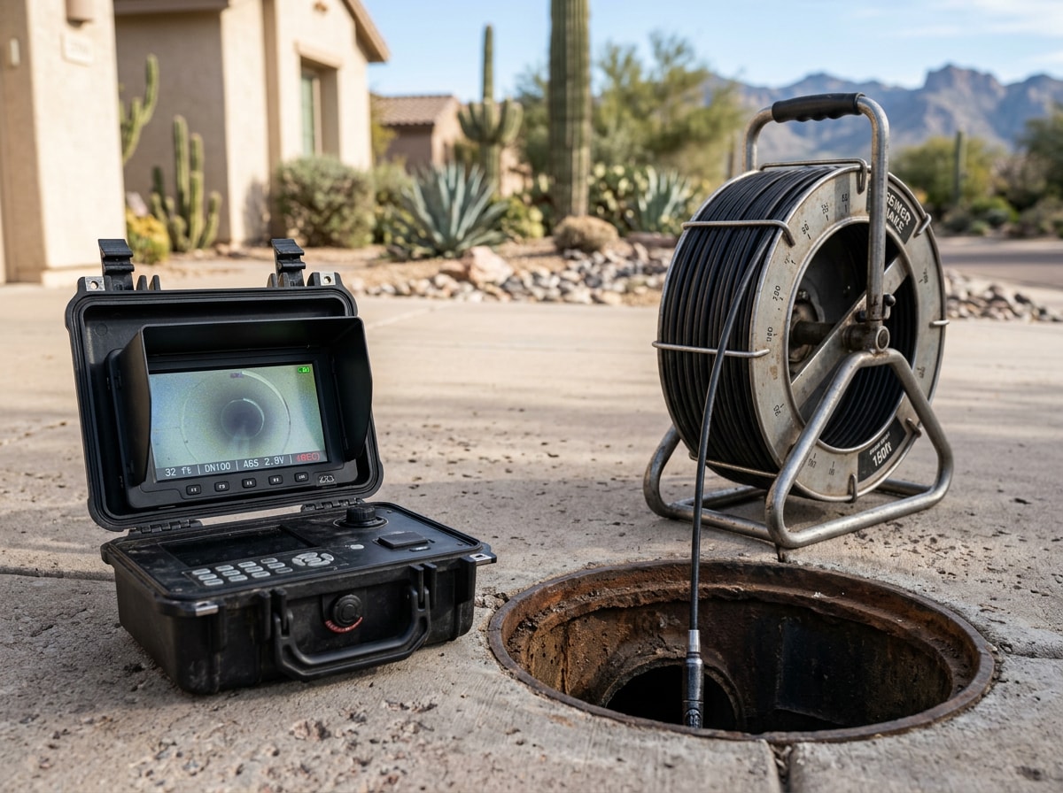 Plumber using sewer camera inspection equipment to diagnose a clogged sewer line in Prescott Valley, AZ