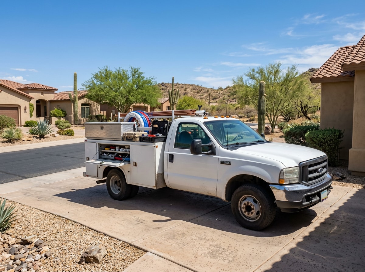 Licensed Prescott Valley plumbing technician and service truck ready for a sewer repair call