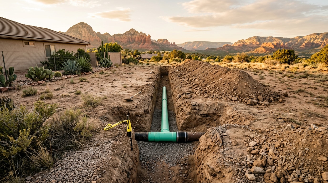 Sewer line repair excavation in a Prescott Valley, AZ backyard