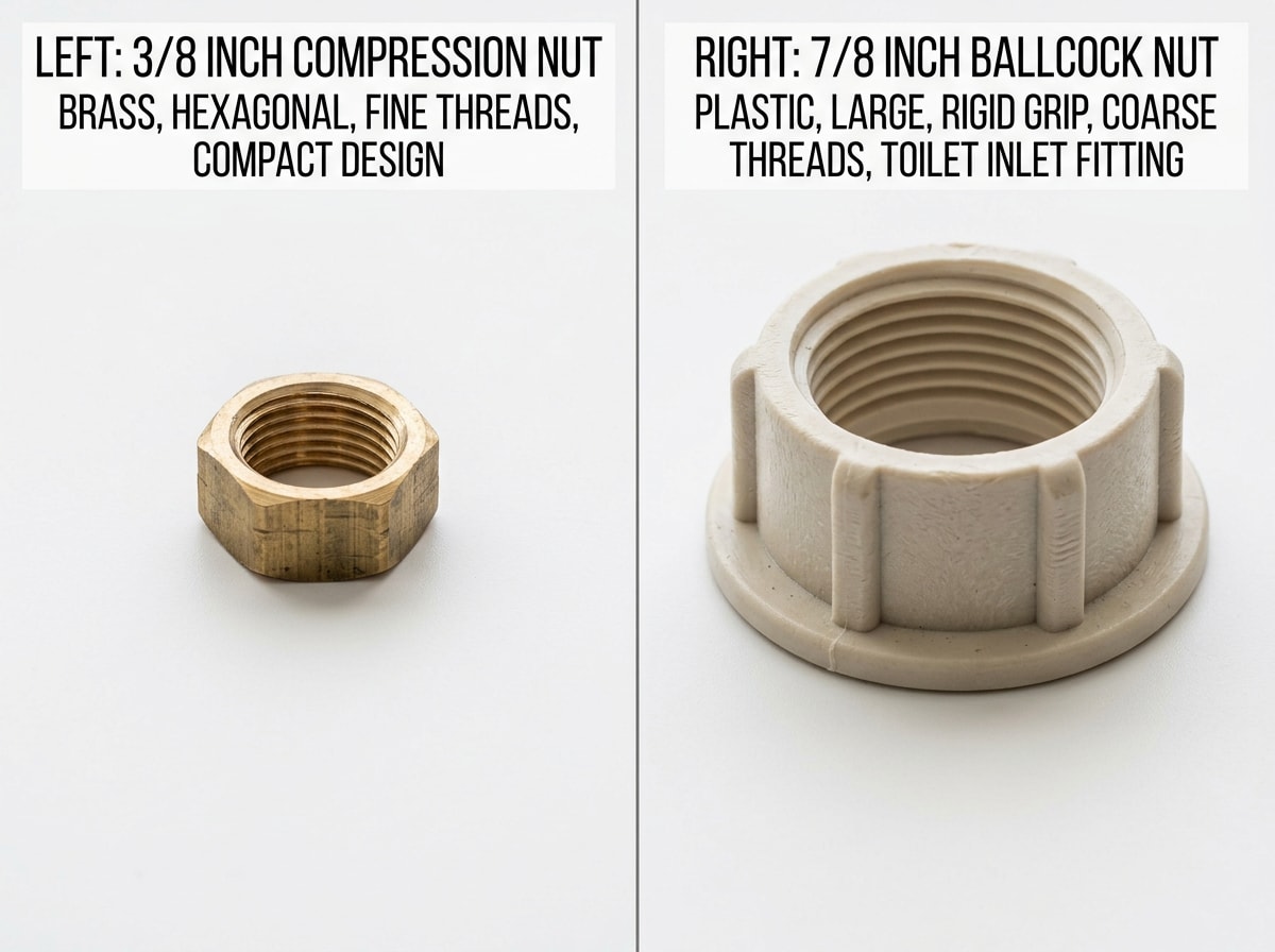 Comparison diagram showing 3/8 inch compression fitting at wall shut-off valve versus 7/8 inch ballcock fitting at toilet tank