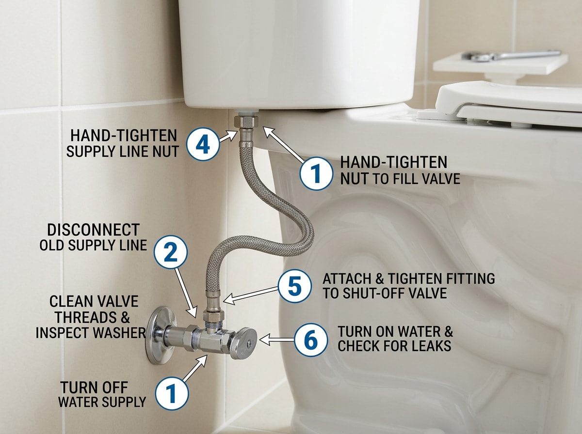 Numbered step-by-step diagram showing toilet supply line installation from shut-off valve to tank connection