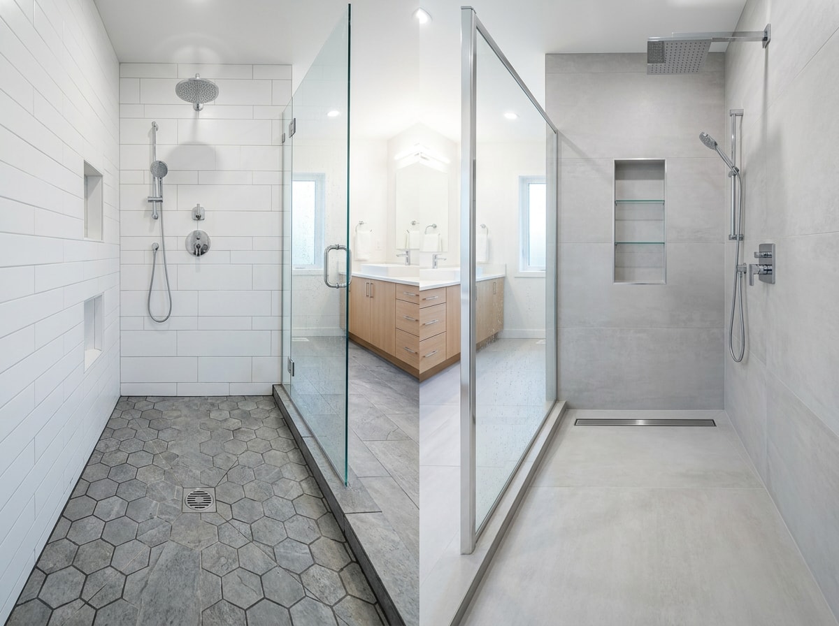 Side-by-side comparison of center drain and linear drain plumbing layouts