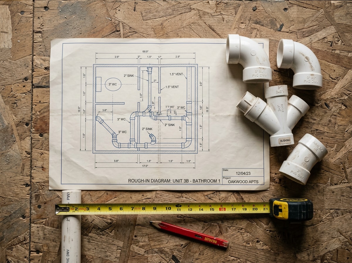 Annotated plumbing diagram showing solid supply lines, dashed drain lines, and flow-direction arrows