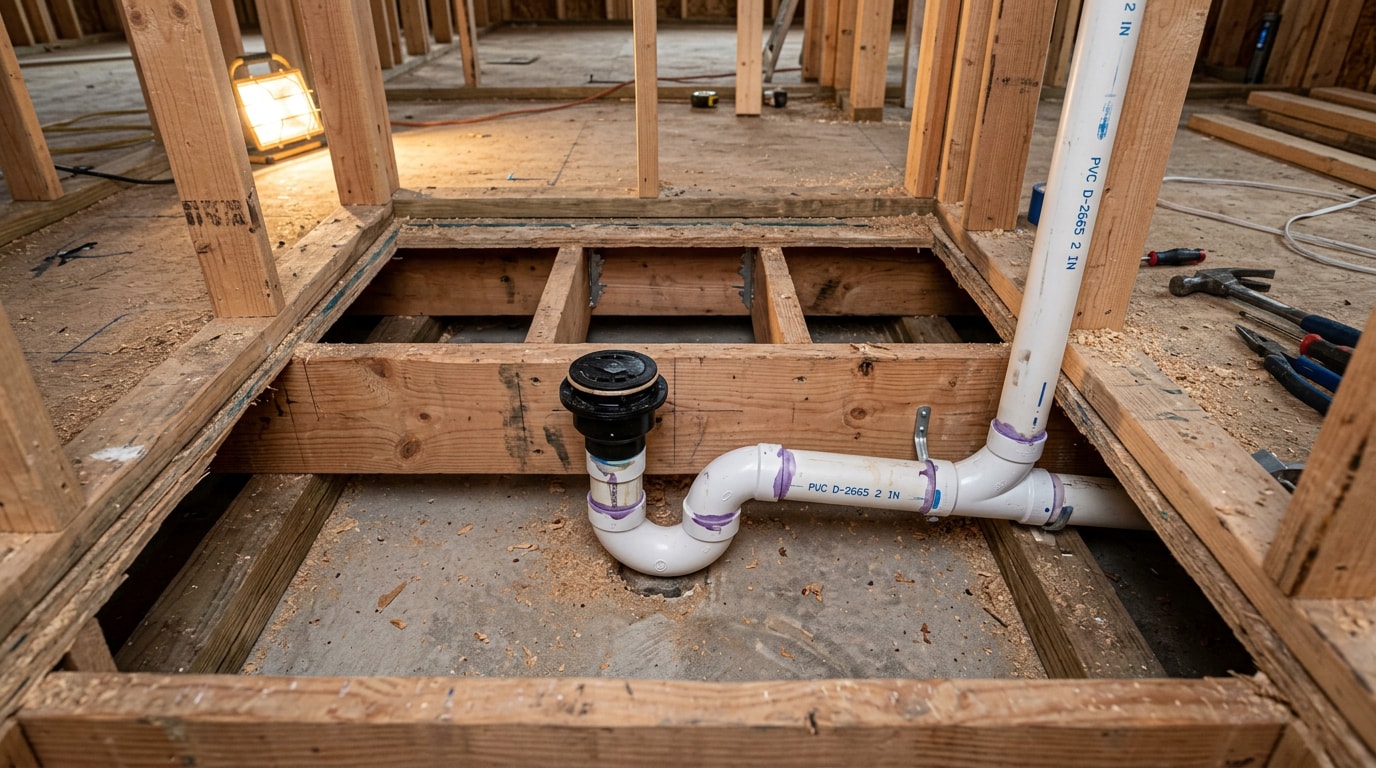 Walk-in shower drain plumbing rough-in showing P-trap, trap arm, and vent pipe beneath open floor joists Walk-in shower drain plumbing rough-in showing P-trap, trap arm, and vent pipe beneath open floor joists